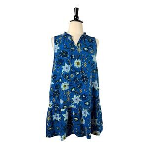 Sonoma Swing Dress Split Tie Neck Ruffle Hem Linen Blue Floral Women’s Size 0X